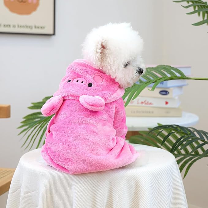 Dog Bathrobe with Hood Super Absorbent Soft Quick Drying Towel Wrap Adjustable Puppy Cat Bath Robe Towel for Cold Weather Beach Pool (Pink Pig, Large)