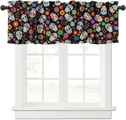 Mexican Style Valances Curtain for Kitchen, Day of The Dead Sugar Skull Pattern Window Treatment Valances Short Curtains Rod Pocket Drape for Dining Room Home Decor, 54x18inch