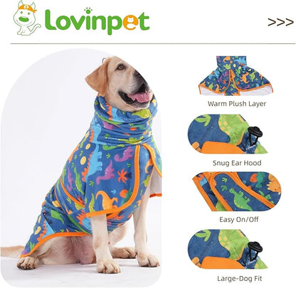 LovinPet 3‑in‑1 Dog Warm Winter Coat & Bathrobe, Hooded Dinosaur Fleece,Lightweight High‑Loft,Absorbent Knit, Quiet Hook‑and‑Loop, Wind‑Blocking Edges,Dog Robes for Medium & Large Dogs, Teal Blue,2XL