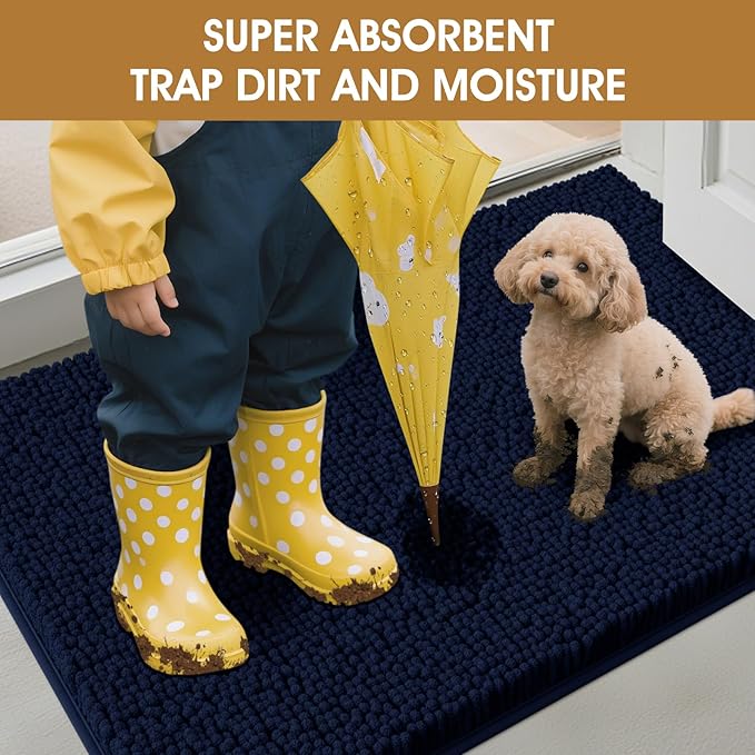 IM HOME Dog Door Mats for Muddy Paws, 30" X 20" Chenille Absorbent Doormat, Non Slip Heavy Dog Rugs for Muddy Paws, Soft Indoor Door Mat for Entryway, Mud Paw, Inside Floor, Navy Blue