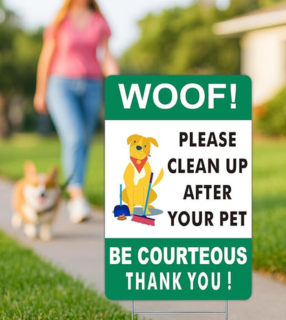 3X Double Sided 12x8 Please Clean Up After Your Pet Sign - Lawn Fun Pet Plastic Signs - Collect Dog Poo and Don't Wet Also No Dogs Poo for the Yard - Signs to Curb Your Dog with Metal H-Shaped Stakes