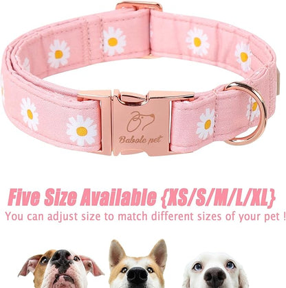 Spring Dog Collar, Cute Pink Daisy Femal Pet Collar with Metal Buckel, Durable Adjustable Designer Dog Collars for Small Medium Large Dogs XL