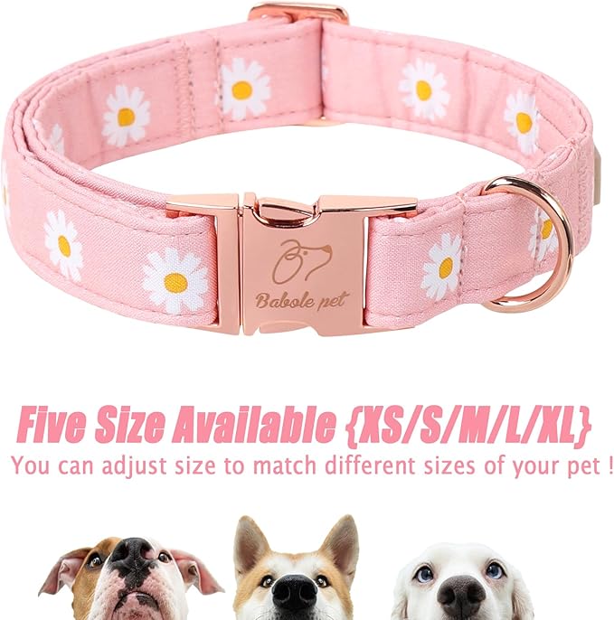 Spring Dog Collar, Cute Pink Daisy Femal Pet Collar with Metal Buckel, Durable Adjustable Designer Dog Collars for Small Medium Large Dogs XS