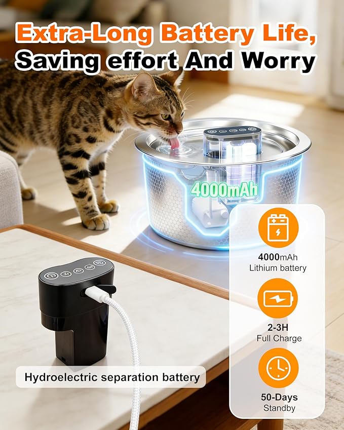 Wireless Cat Water Fountain Stainless Steel, 88fl.oz/2.6L Pet Water Dispenser Long-Lasting 4000mAh Battery with 7 Filters & 3 Sponges for Cats Dogs Indoor