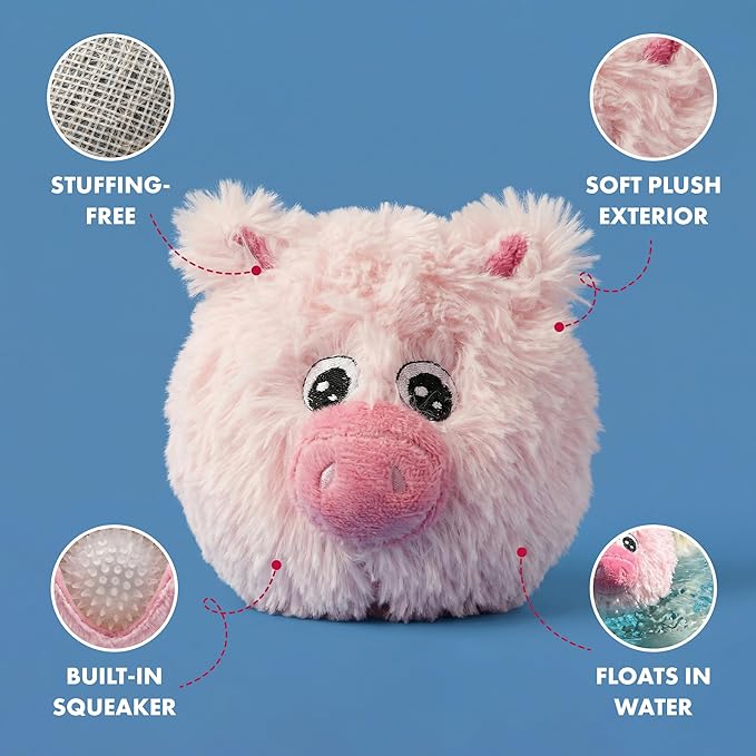 Pet Lou 4 Inch Squeaky Pig Dog Plush Toy, Stuffing-Free Soft Plush, Durable Bouncy Squeaker Ball, Floats in Water, for Small & Medium Dogs, Pink