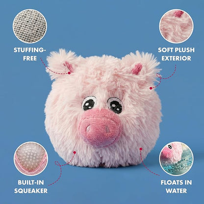 Pet Lou 4 Inch Squeaky Pig Dog Plush Toy, Stuffing-Free Soft Plush, Durable Bouncy Squeaker Ball, Floats in Water, for Small & Medium Dogs, Pink