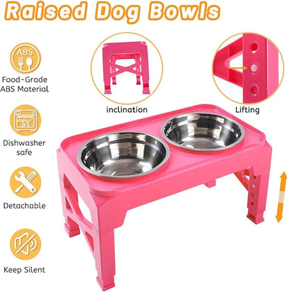 Hubulk Elevated Dog Bowls with 2 Stainless Steel Dog Food & Water Raised Bowls with No Spill Edge Non-Slip Stand Adjusts to 3 Heights(2.75", 6.0", 7.5") for Small Medium Dogs and Pet