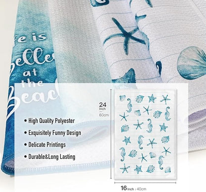 Kitchen Towels for Women-Funny Joked Starfish Seahorse Scallop Ocean Themed Absorbent Microfiber Bar Tea Towel, for Mom Birthday Christmas-Blue 16" x 24”