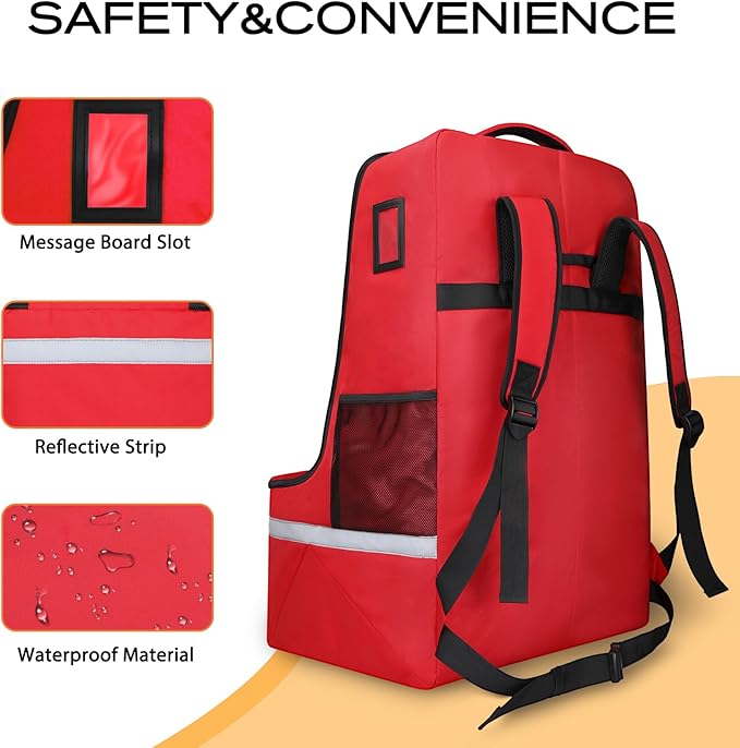 LARIPOP Car Seat Travel Bag for Airplane Gate Check Approved, Padded Backpack with Adjustable Straps, Reflective Strips & Protective Feet for Infant Convertible Booster Seats, Red