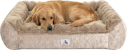 Dog Bed with Shredded Foam Filling, 35" * 25" Calming Pet Sofa with Removable Washable Cover, Soft Faux Fur Bolster Couch for Dogs, Anti-Slip Bottom (Taupe, Small)
