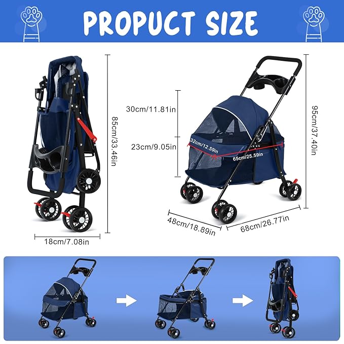 4 Wheels Pet Stroller for Medium Small Dog up to 50lbs, Dog Cat Stroller, Outdoor Travel Pet Folding Strollers, Cat Cage Strollers with Cup Holder, Breathable and Visible Mesh (1 Set-Blue)