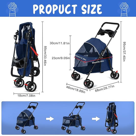 4 Wheels Pet Stroller for Medium Small Dog up to 50lbs, Dog Cat Stroller, Outdoor Travel Pet Folding Strollers, Cat Cage Strollers with Cup Holder, Breathable and Visible Mesh (1 Set-Blue)