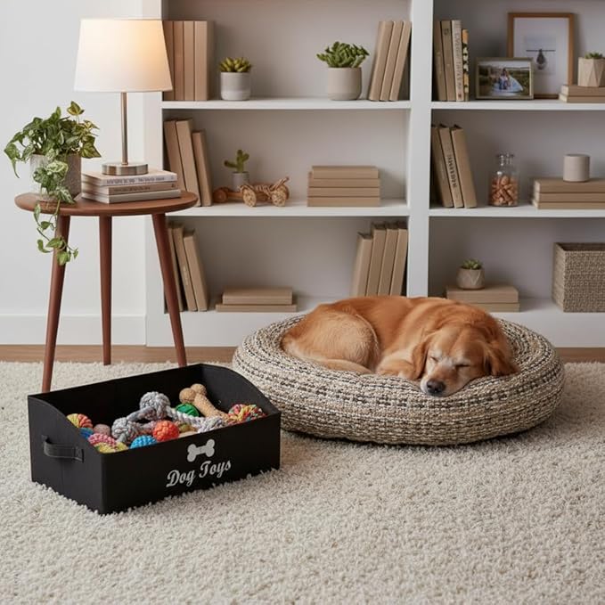 Morezi Linen-cotton blend dog toy basket and dog toy box, dog toy basket storage - Perfect for organizing pet toys, blankets, leashes, chew toys - Black - Dog