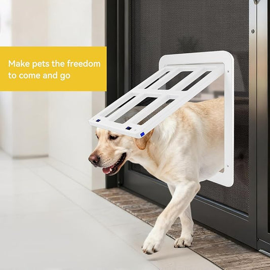 Enjoying Dog Door for Screen Doors, Passage Opening 11.2" x 14.4", Access Freely, Magnetic Swing Flap, Large Pet Door for Sliding Screen Doors, Lockable, White