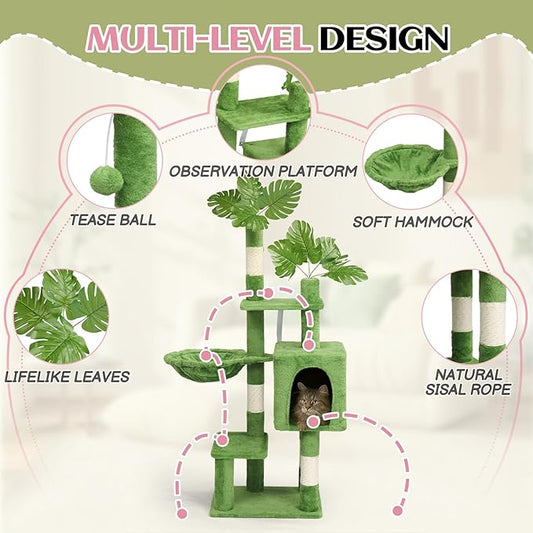 Outvita Cat Tree 48in Monstera Cat Tower with Leaves, Multi-Level Cat Tree Tower with Condo, Cozy Plush Hammock, Dangling Toy, Sisal Scratching Posts, Large Pet Activity Center for Indoor Cats, Green