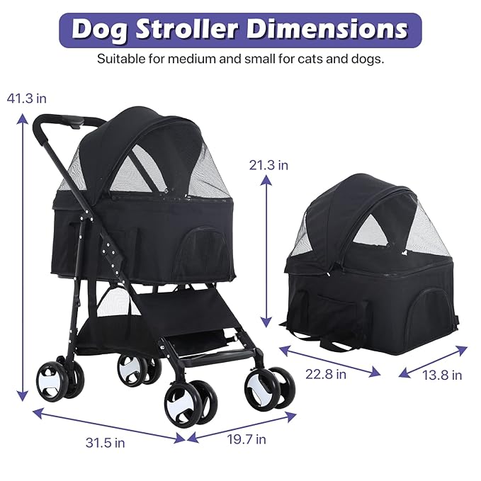 3-in-1 Folding Pet Stroller for Medium Small Dogs Cats - 4 Wheels Lightweight Travel With Detachable Carrier, Black