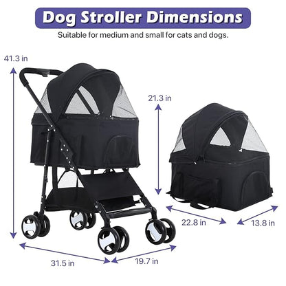 3-in-1 Folding Pet Stroller for Medium Small Dogs Cats - 4 Wheels Lightweight Travel With Detachable Carrier, Black