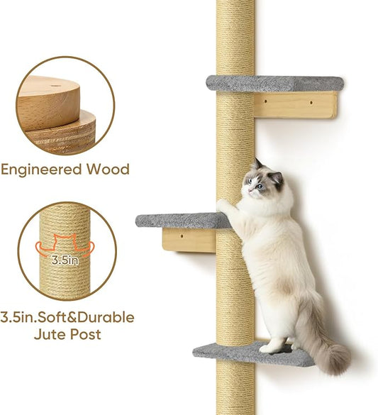 PAWSCRAT Cat Wall Shelves, Wall-Mounted Cat Tree, 5 Tier Floor to Ceiling Cats Tower, 80 Inch Wall-Mounted Cat Scratching Post, Space Saving Cat Furniture and Easliy Climb for All Cats, Gery
