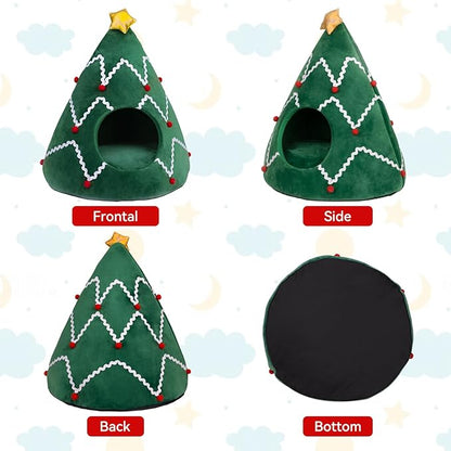 NIBESSER Cat Bed Christmas Tree Cat Tent House Self-Warming 2 in 1 Removable Comfortable Triangle Pet Teepee Xmas Dog Cave in Winter(Green/White)