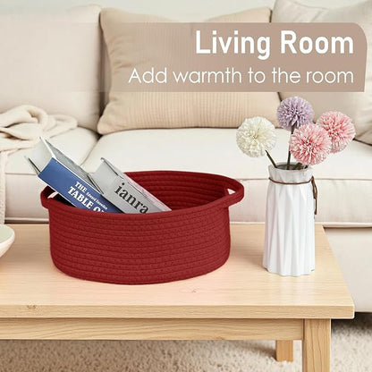 Woven Basket,Small Rope Storage Bin with Handles & Ribbon Bag, Organizer for Shelves Closets,Gift Basket Empty for Birthday,Books,Dog Toys, Red/2 Pack
