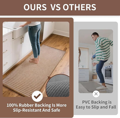 Kitchen Mat Kitchen Rugs Sets of 2 PCS Non Slip Washable, Super Absorbent Soft Braided Kitchen Mats for Floor, Rubber Backing Comfort Standing Kitchen Sink Mat Runner Rug, Brown 17"x28"+17"x59"