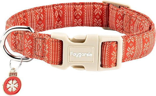 Faygarsle Christmas Dog Collar, Red Nordic Pattern, Plastic Buckle with Metal D-Ring, Holiday Pet Accessory,for Small Medium Large Dogs M
