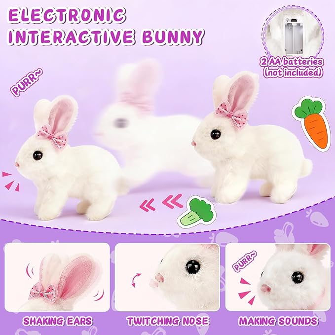 23Pcs Hopping Bunny Toy Set for Kids, Easter Interactive Electric Walking Rabbit with Rolling Carrier House, Pretend Play Pet Care Grooming & Feeding Kit, Stuffed Animal Gift for Toddlers 3-5