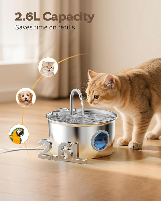 Stainless Steel Cat Water Fountain: Cat Fountain with 6 Filters + 3 Sponges - 88oz/2.6L Pet Water Fountain for Cats Inside - Silent Cats Water Bowl Dispenser - ATMZIQXR Kitty Drinking Fountains