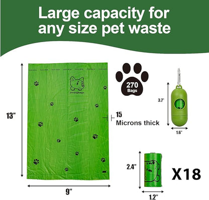 Dog Poop Bags With Dispenser, Strong and Leak-proof Waste Bags for Pets, Floral Scented, 270 Count (18 Packs of 15), 13 Inch x 9 Inch (Green)