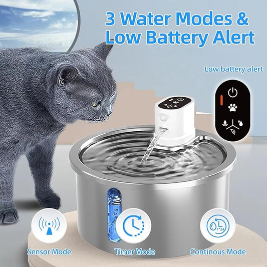 Stainless Steel Wireless Cat Water Fountain 3.2L/108oz Automatic Cat Water Dispenser 4000mAh Battery Operated Large Capacity Pet Water Fountains for Cats Dogs (Black Classic)