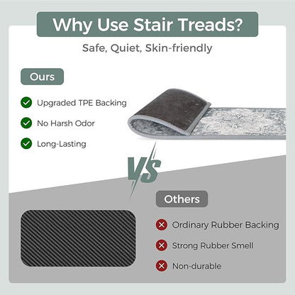 Non Slip Stair Treads for Wooden Steps 15PCS - 8"x30" Indoor Safety Carpet, Edging Mats with TPE Adhesive Backing, Pet and Elderly Friendly Stair Rugs (Grey)