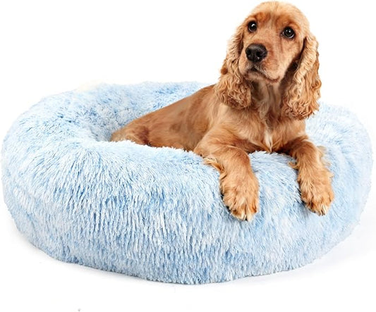 Calming Dog Bed for Medium Dogs Washable Donut 30 inches Anti-Slip Pet Bed,Round Fluffy Plush Faux Fur Cat Bed,Fits up to 45 lbs Pets,Gradient Blue