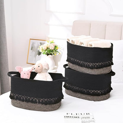 3 Pack Storage Basket for Shelves, Boho Cotton Rope Storage Bins with Heavy Tassel, Shelf Baskets Large Woven Baskets for Organizing, Cube Organizer Bins, Baby Laundry Basket for Clothes, Toys, Pets