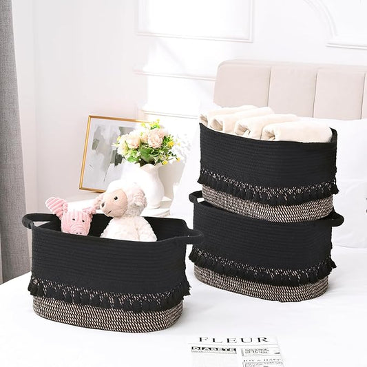 3 Pack Storage Basket for Shelves, Boho Cotton Rope Storage Bins with Heavy Tassel, Shelf Baskets Large Woven Baskets for Organizing, Cube Organizer Bins, Baby Laundry Basket for Clothes, Toys, Pets
