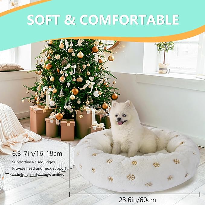 23 Inch Christmas Snowflakes Calming Dog Bed for Small Dogs Cats, Kitty Puppy Round Anti-Anxiety Warm Bed, Soft Cozy Anti-Slip Donut Washable Pet Bed, Fits up to 30 lbs Pets
