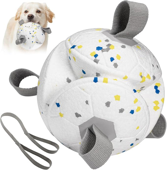 6 Inch Dog Ball Toys Interactive Soccer Ball with Straps for Tug of War Water Pet Toys Gifts for Puppy Birthday Indoor Outdoor for Fetch for Large Medium Dogs, White