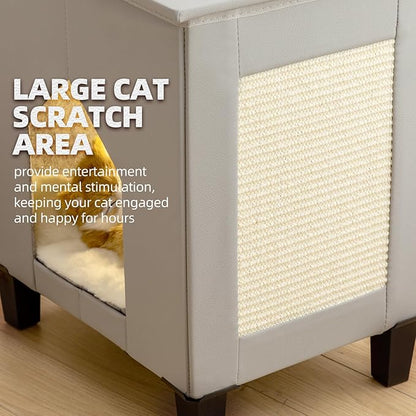 Cat House for Indoor Cats Condo,Cat Furniture with Large Area Scratch Pad，Leather Cat Bed Side Table & Nightstand for Living Room and Bedroom Decoration,Grey