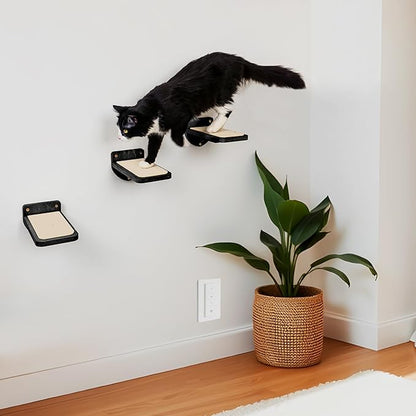 INICIO Cat Wall Steps - Set of 3 Cat Wall Stairs for Cats to Climb with Fixtures, 8.7"x4.7" - Floating Steps for Climbing or Playing - for Kittens and Adult Cats, Black