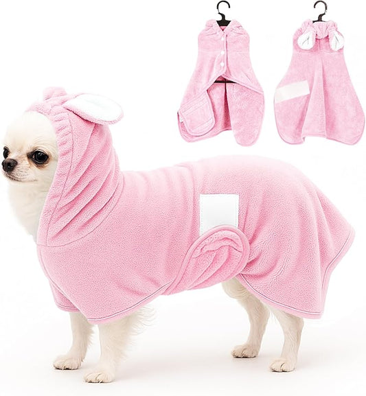 Pet Bathrobe Towel Dog Cat Drying Coat Super Absorbent Cute Dogs Bath Towel Hooded Robe Adjustable Collar & Belly Strap for XSmall to XLarge Pets (Pink, Medium)