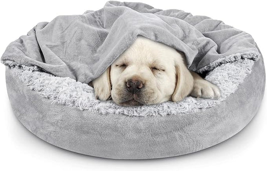 JOEJOY Small Dog Bed Cat Bed with Hooded Blanket, Cozy Cuddler Luxury Puppy Pet Bed, Donut Round Calming Anti-Anxiety Dog Burrow Cave Bed - Anti-Slip Bottom and Machine Washable 23 inch