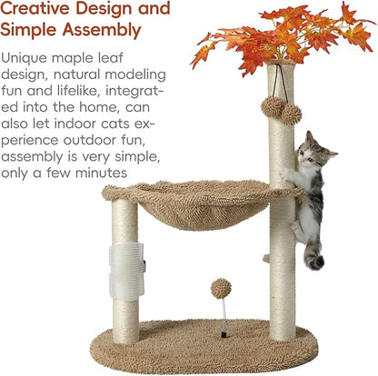 MECOOL Cat Tree Tower 32" Tall Scratching Post with Large Hammcok for Indoor Cats,Self-Massage Bursh Hanging Ball Toys,Maple,Beige