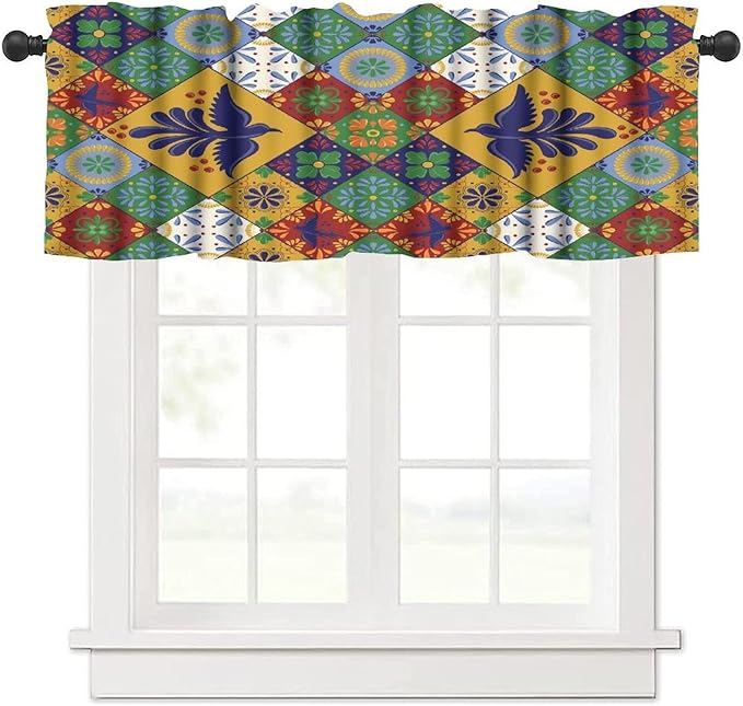Mexico Fiesta Valance Curtains Mexican Floral Bird Talavera Ceramic Tiles Pattern Window Treatment Valances Short Curtains Rod Pocket Drape for Dining Room Home Kitchen Decor, 54x18inch
