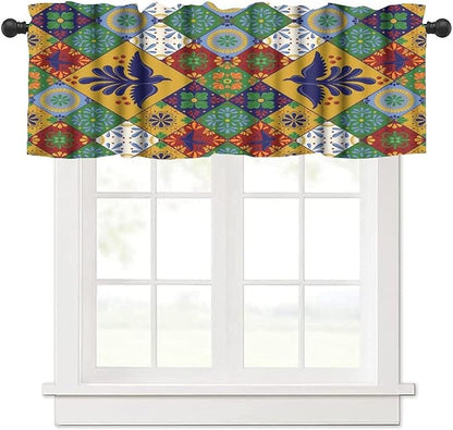 Mexico Fiesta Valance Curtains Mexican Floral Bird Talavera Ceramic Tiles Pattern Window Treatment Valances Short Curtains Rod Pocket Drape for Dining Room Home Kitchen Decor, 54x18inch