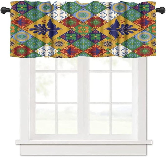 Mexico Fiesta Valance Curtains Mexican Floral Bird Talavera Ceramic Tiles Pattern Window Treatment Valances Short Curtains Rod Pocket Drape for Dining Room Home Kitchen Decor, 54x18inch