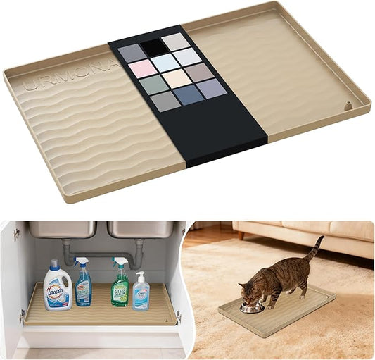 URMONA Waterproof Silicone Under Sink Mat 19'' x 12'' Shelf Liner for Kitchen and Bathroom, Cabinet and Counter Protector, Storage and Organizers, Litter Mat, Pet Cat Puppy Essentials(Khaki)