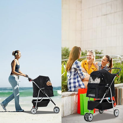 Best 3 Wheels Pet Stroller for Dog Stroller Cat Stroller, Lightweight and Foldable Pet Jogger Stroller, Carrier Strolling Cart W/Cup Holders Removable Liner for Small and Medium Dog Cat or Pet - Black
