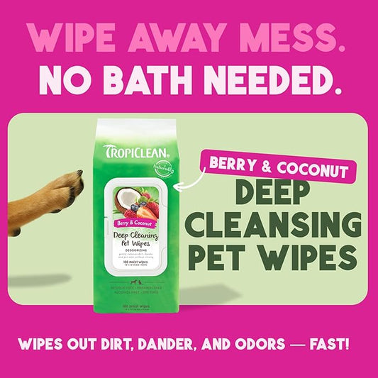 TropiClean Deep Cleaning Pet Wipes, 100ct - Wipes for Dogs & Cats - Gently Removes Dirt, Dander & Smells - for Pet Paws, Face, Body & Bottom - Sweet Berry & Coconut Scent