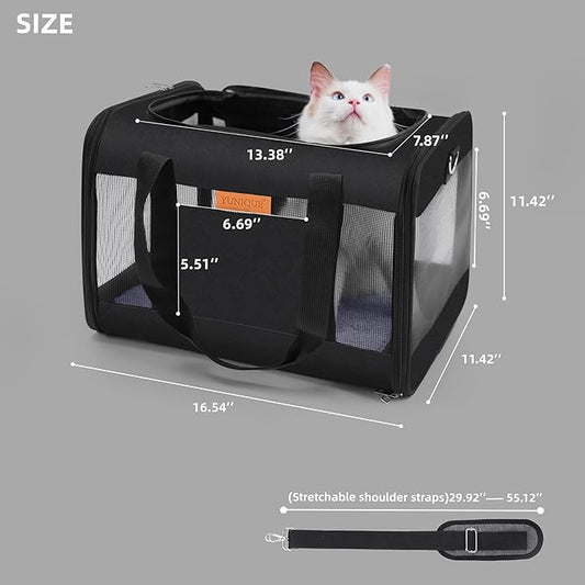 YUNIQUE Soft-Sided Cat & Dog Carrier for Pets Up to 15 Lbs, Airline Approved Collapsible Travel Puppy Carrier with Lightweight Fabric Design (Black)