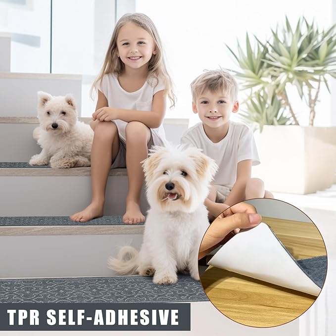 15Pcs Stair Treads for Wooden Steps Indoor with Self Adhesive, 8"x30" Non Slip Stair Runners-Peel & Stick Indoor Stair Carpet Runner, Resistant Indoor Runner for Kids、Elders and Pets, Grey