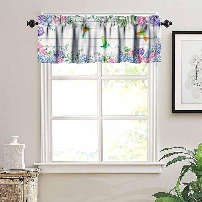 Vintage Boho Flower Valance Curtains, Watercolor Hydrangea Floral Butterfly Spring Bird Board Pink Blue Wildflower Window Valance Curtain for Farmhouse Bedroom Living Room Kitchen 54x18inch